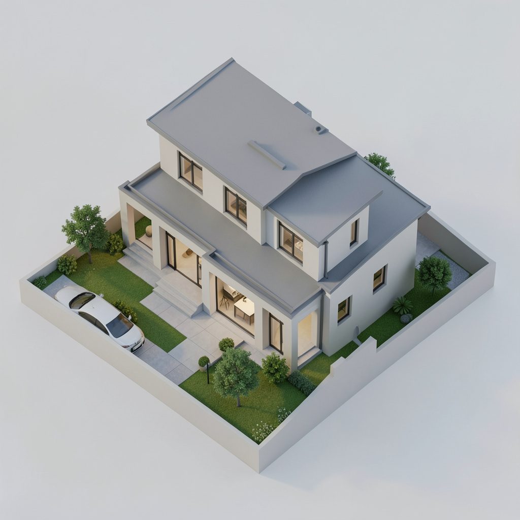Ilustración isométrica de una vivienda pequeña con llaves y documentos sobre una mesa, en tonos terracota y crema, ambiente cálido y ordenado