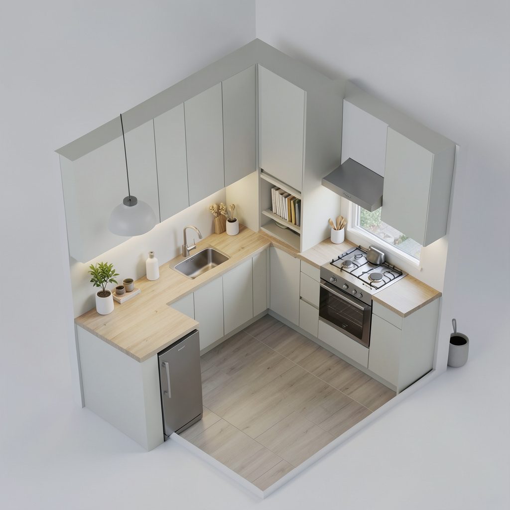 Cocina estrecha y funcional con armarios blancos, encimera de madera y detalles decorativos que aprovechan cada centímetro.