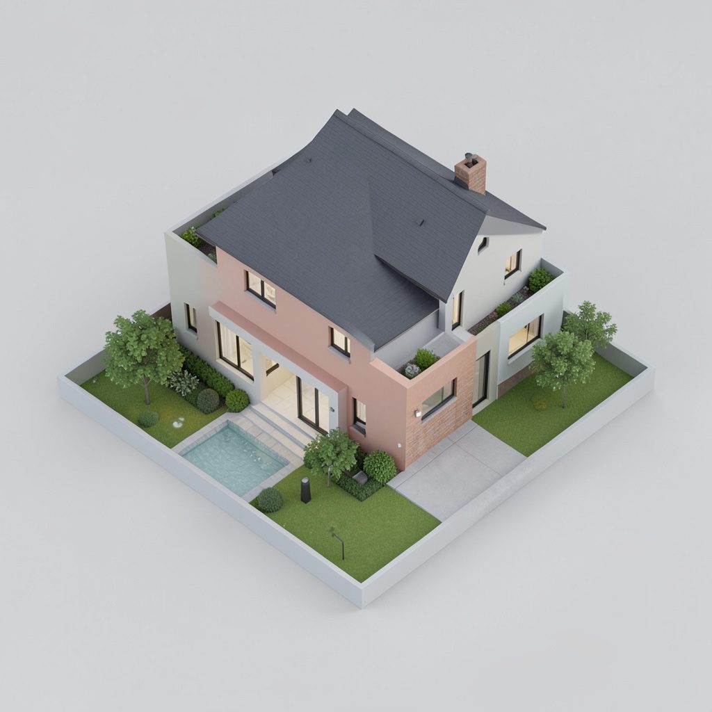 Ilustración isométrica de una casa y una llave sobre fondo crema, representando el proceso de compra de vivienda
