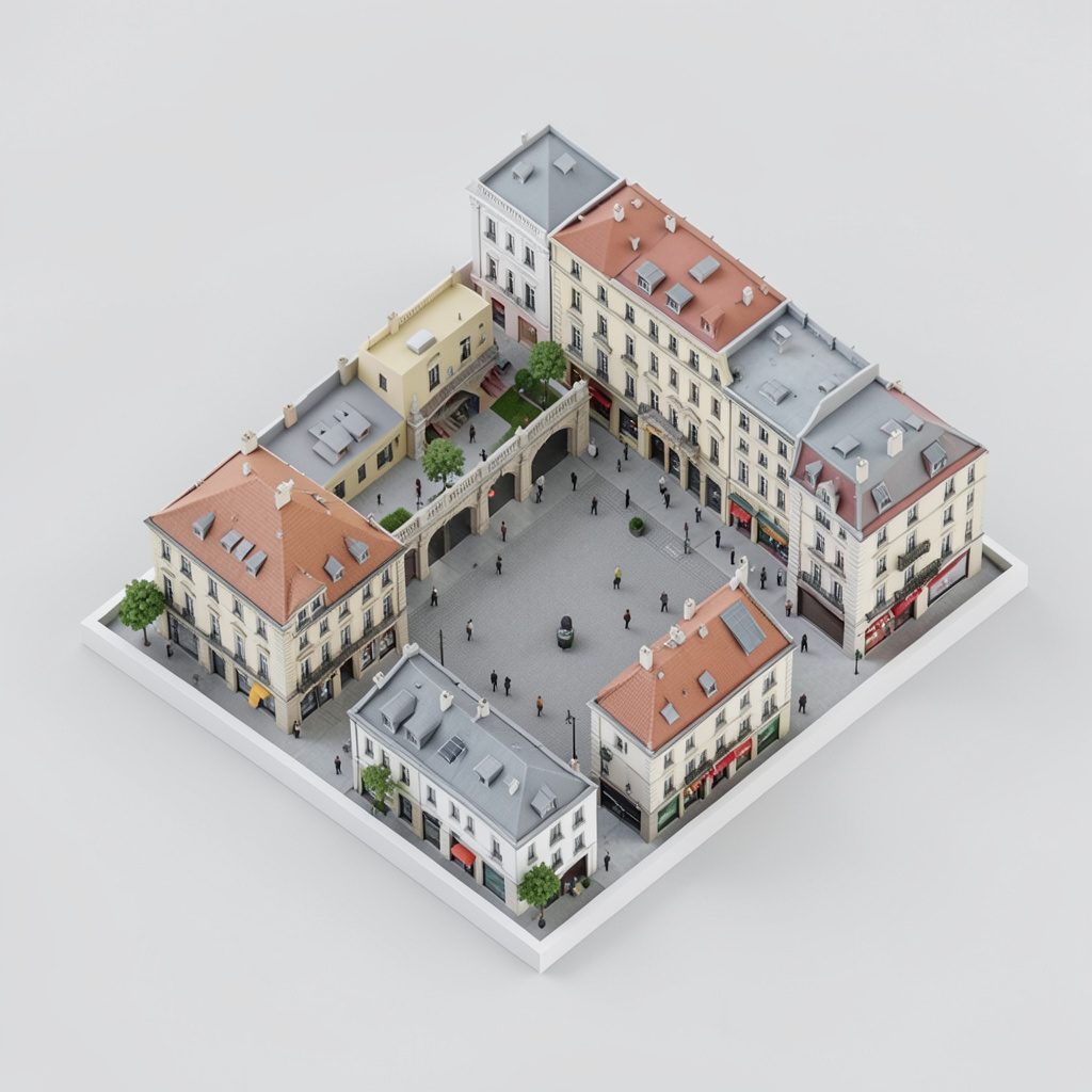 Vista isométrica de una ciudad con edificios residenciales en tonos crema y terracota, ambiente tranquilo