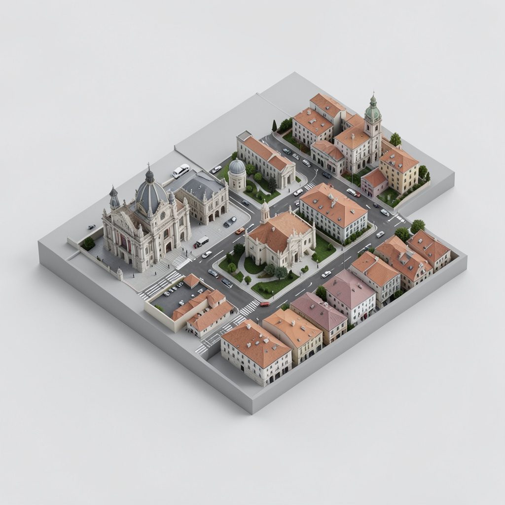 Ilustración isométrica de dos edificios de ciudad conectados por un camino, uno con tonos cálidos terracota y otro con tonos fríos, representando la comparación entre dos ciudades
