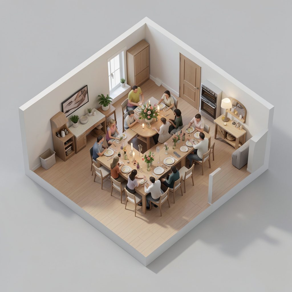 Escena isométrica de un salón con mesa de manualidades, guirnaldas navideñas y utensilios de bricolaje en tonos cálidos y acogedores