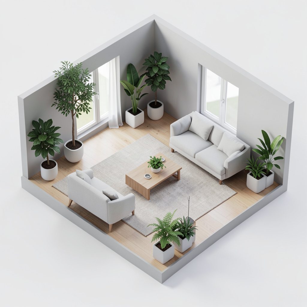 Plantas verdes decorando un salón luminoso en tonos crema y verde suave, representación isométrica en 3D