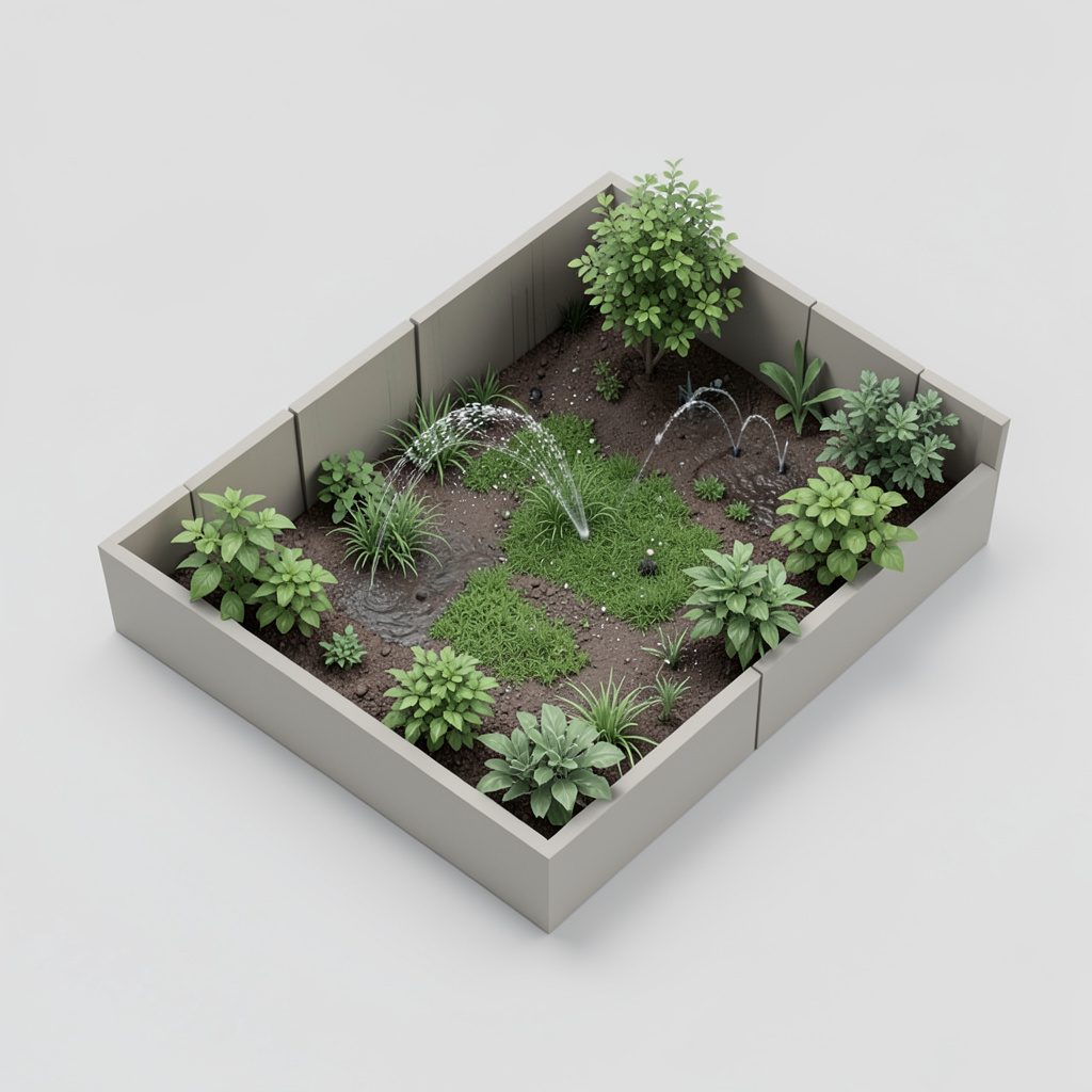 Sistema de riego para un jardín cuidado, con tonos verdes y terracota, escena isométrica en 3D